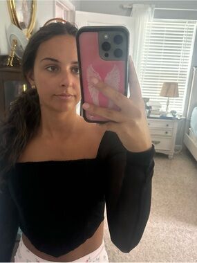 Black Square-Neck Sheer Long Sleeve Corset Top